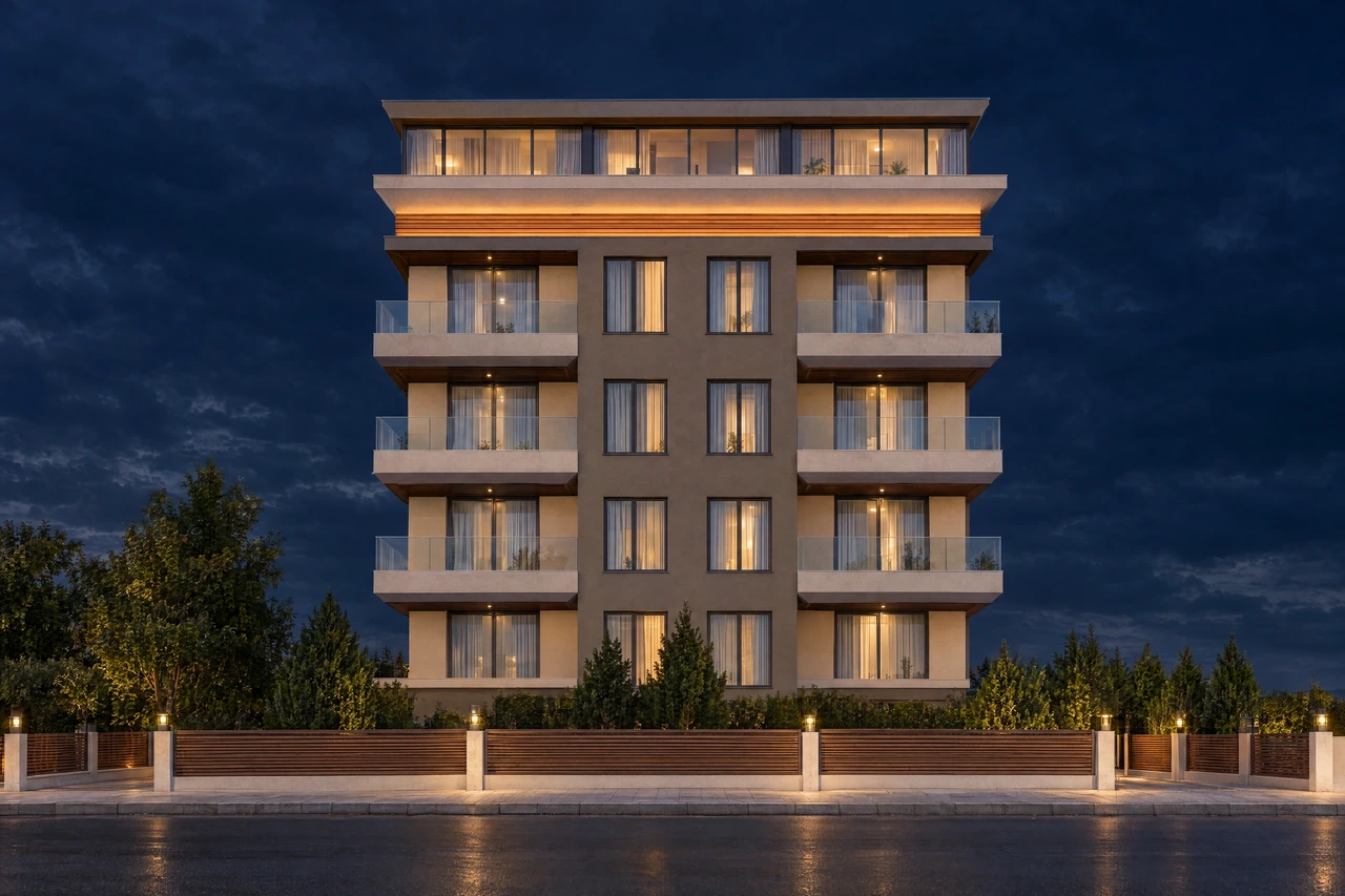 Küçüktur Yolu Dermancı Apartmanı, ön cephe, gece aydınlatması