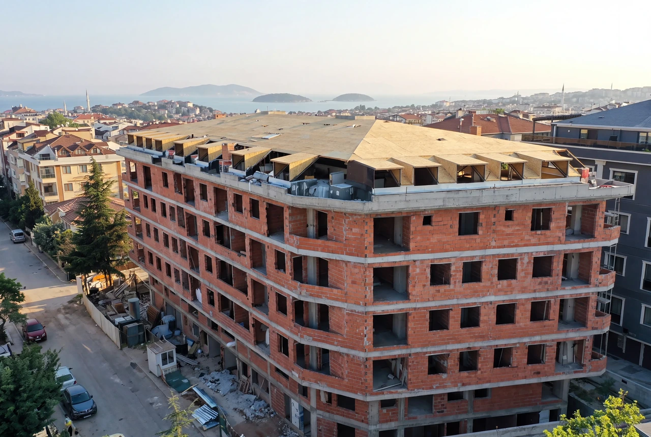 Yeni Erdem Sitesi, Küçükyalı; inşaatı süren binanın havadan görünümü